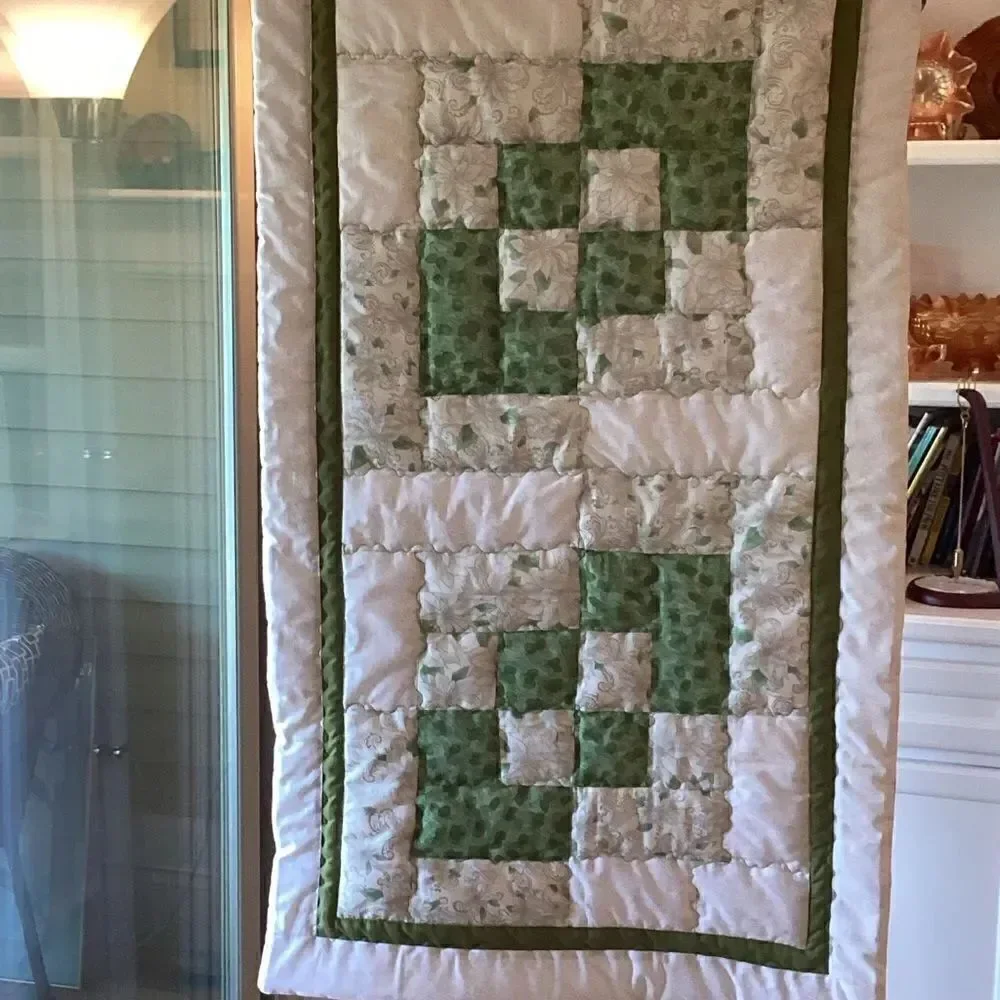 NWT. Hand Crafted Green, White and Silver Quilt